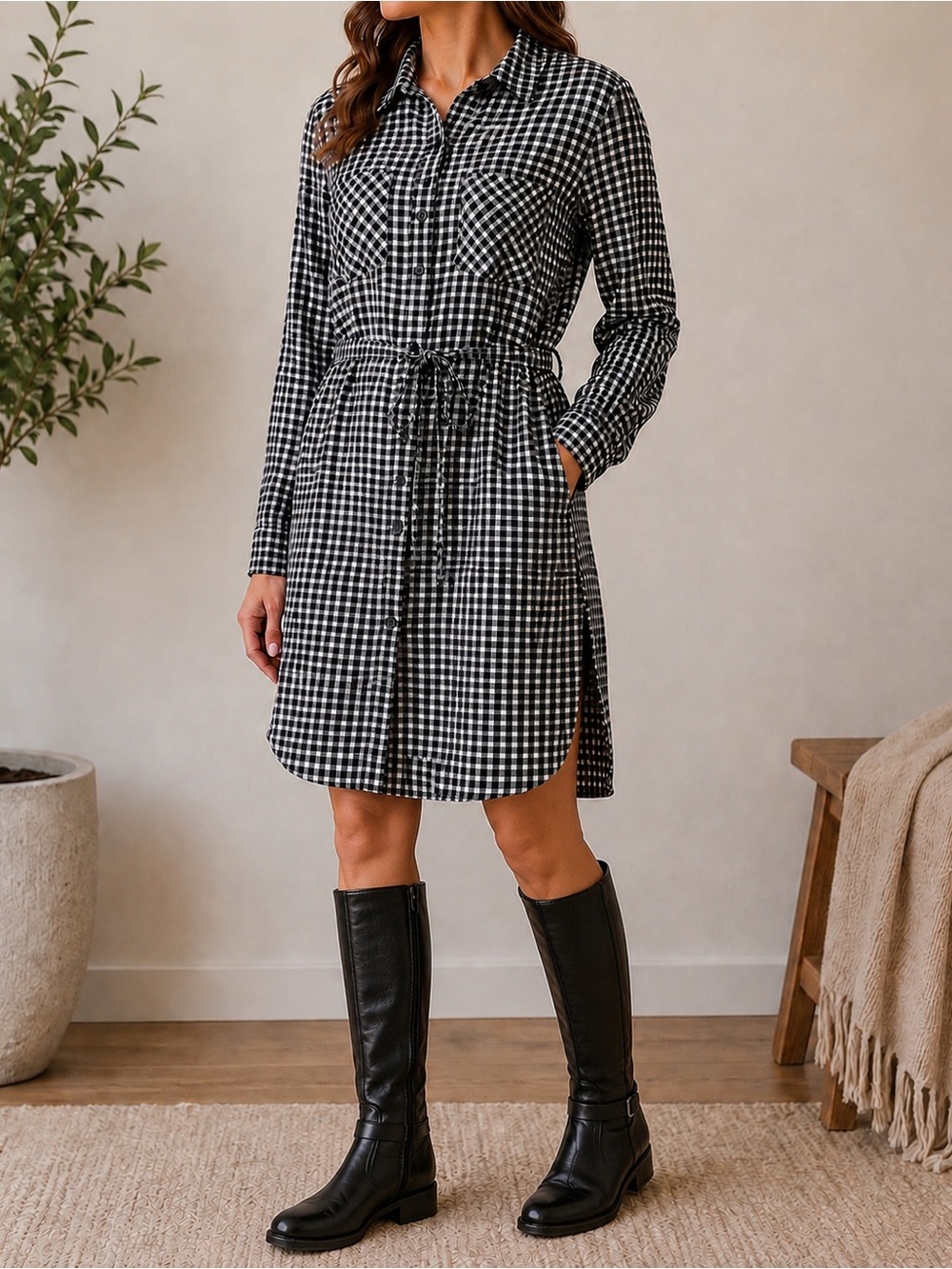 Merona Women's M Black and White Plaid Gingham Long-Sleeve Tunic Shirt Dress